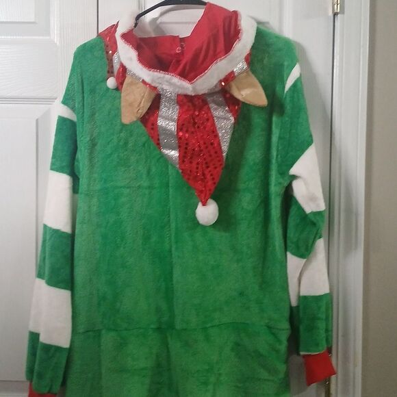 Christmas Santa Elf outfit one piece hooded holiday party ugly sweater Sz L  NWT - Picture 9 of 9